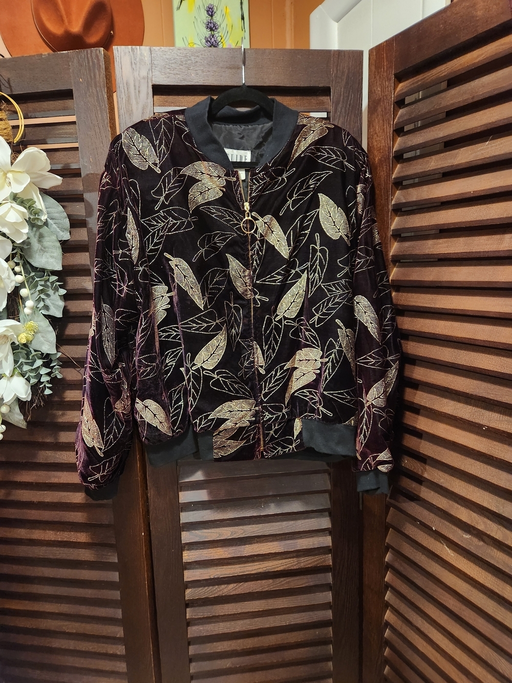 Women's Vintage Velvet Bomber Jacket with Beaded Metallic Leaf Embroidery